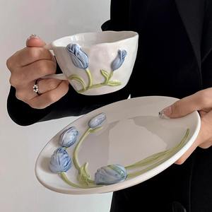 Керамическая кружка и блюдце ThermoPal с рельефным узором «Тюльпан», ручной росписью в стиле Ins, с ручкой, 250 мл, свежий милый дизайн для домашнего использования - Product Image 2