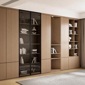 <span class=keywords><strong>Bibliothèque</strong></span> moderne avec portes coulissantes en verre et étagères ouvertes, finition en bois de chêne, rangement pour salon - Product Image 1