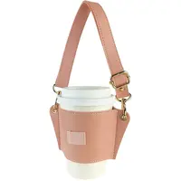 Portabebés de cuero reutilizable con correa para el hombro, soporte de paja elástico, funda ajustable para taza de café, nuevo diseño