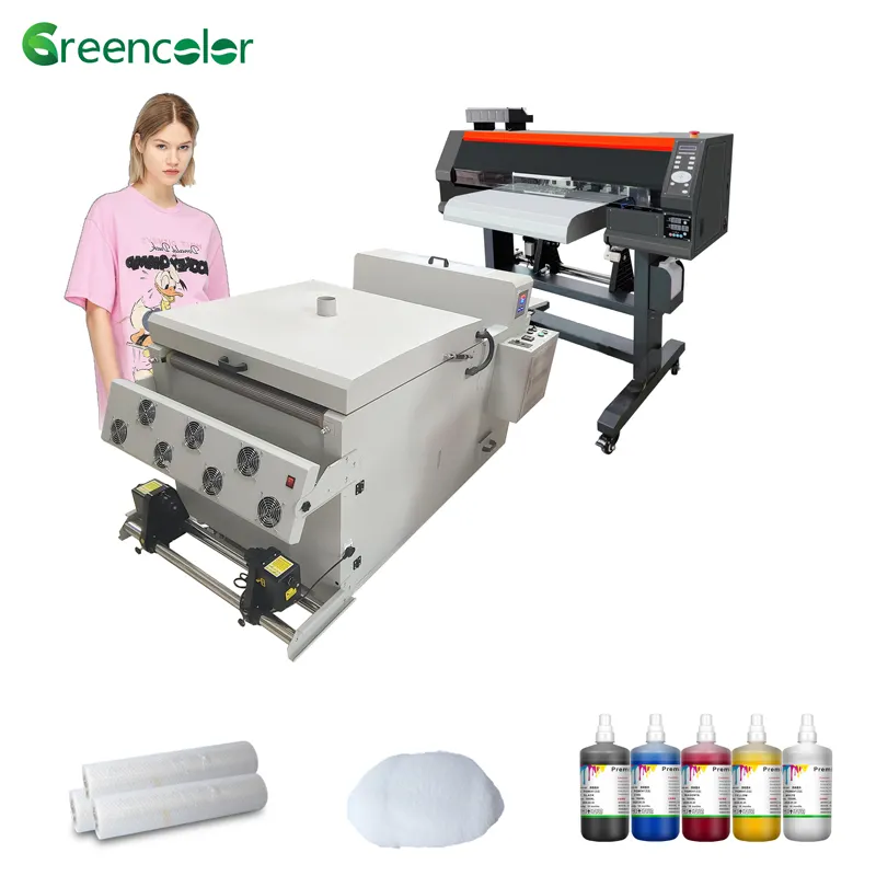 Cabezales de impresión duales de alta velocidad de 60cm y 24 pulgadas I3200 4720, impresora directa a película, máquina de impresión de camisetas con agitación de polvo