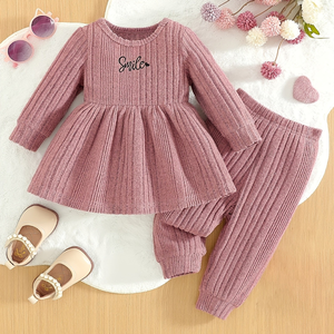 Vêtements pour enfants, ensembles de vêtements pour filles, manches longues, pantalons longs, tricot côtelé, hiver, broderie, logo personnalisé, OEM, ODM, vente en gros, usine - Product Image 1