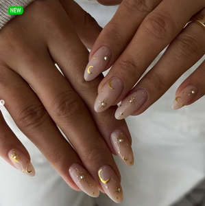 <span class=keywords><strong>Faux</strong></span> ongles à presser personnalisés en acrylique, motif étoile et lune, faits main, style bohème, forme amande, réutilisables, à coller sur les doigts - Product Image 1