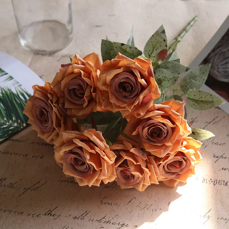 ดอกไม้ประดิษฐ์ทำจากผ้าไหม9หัวสำหรับตกแต่งงานแต่งงานดอกไม้ที่ถือสำหรับเจ้าสาว