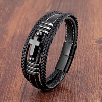 Agate vintage croix multicouche tressée bracelet en cuir véritable breloque fermoir magnétique Bracelet pour hommes bijoux chrétiens cadeau