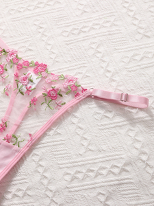Set Lingerie Bunga Mawar Romantis Bra Push Up T-Back Wanita Seksi Dua Potong Pakaian Dalam Jaring Lembut Tali Dapat Disesuaikan - Product Image 5