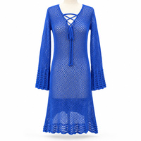 Robe de plage personnalisée OEM pour femme, en crochet, à manches longues, avec lacets, col en V, ajourée, en maille, bleue