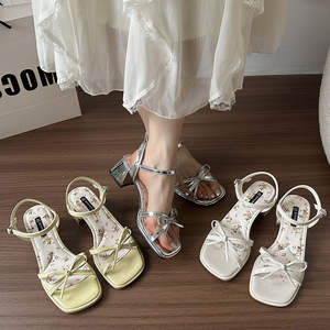 <span class=keywords><strong>Sandali</strong></span> con <span class=keywords><strong>Tacco</strong></span> Grosso e Fiocco in Stile Francese, Tinta Unita, Tomaia in PU, Tendenza Moda Coreana, Cinturino Singolo con Fibbia, per Abiti Estivi - Product Image 3