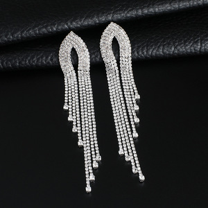 Europe United States New Rhinestone Tassel <b>Long</b> <b>Earrings</b> Simple Multi-Layer Temperament Exaggerated Alloy Antique <b>Silver</b> Plated - Product Image 2