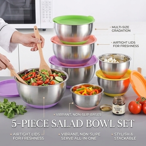 Ensemble de bols à mélanger en acier inoxydable poli européen, bols à salade avec fond en silicone, couvercle anti-poussière, non toxique, durable, bols de service alimentaire - Product Image 1