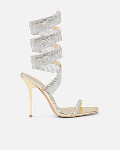 Sandales à talons en spirale avec <span class=keywords><strong>miroir</strong></span> et strass sexy, sandales à bride cheville pour femmes, talons aiguilles dorés <span class=keywords><strong>argent</strong></span>és métalliques avec strass, chaussures à brides - Product Image 3