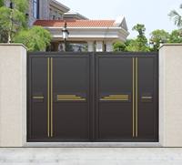 Portail à double battant en aluminium sur mesure DMJ-SK043 avec incrustations verticales et horizontales dorées pour l'entrée de la cour de villa
