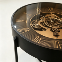 Table d'appoint décorative ronde avec horloge, cadre en métal noir, chiffres romains, pour salon et couloir