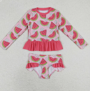 Longlv Nouveauté Été Maillot de Bain Fille Imprimé Pastèque Rose Volants 2 Pièces Manches Longues Respirant Nylon/Coton - Product Image 1