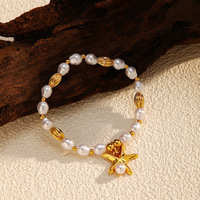 Bracelet élastique en perles d'acrylique et coquillages, style plage estival, en acier inoxydable plaqué or avec breloques