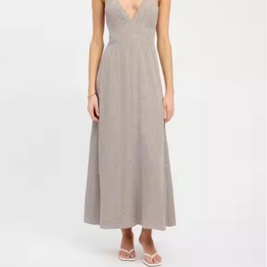 Vestido Maxi de Lino Casual con Cuello en V y Estampado Tartán para Mujer, Corte A, Cintura Alta Elástica, Tejido, Nueva Colección Otoño 2025 - Product Image 2