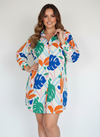 Robe chemise longue à manches longues en satin respirant à imprimé tropical de feuilles de monstera pour femmes, robe tunique décontractée régulière pour l'été