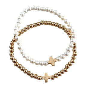 boho Cross <b>Bracelet</b> Set Gold Plated Brass and Pearl Beaded Jewelry with Bohemian Design Elegant Unisex Accessories - Product Image 1