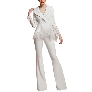 Veste col en V personnalisée de haute qualité boutonnée Polyester Nylon garniture d'autruche Pure soie Tulle français Chantilly dentelle veste - Product Image 4
