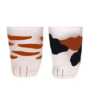 Couple Cat Claw Glass Flower Tea Cup Juice Milk Japanese Style Frosted Cat Feet Cup