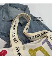 Tas Tote Kanvas Wanita Kapasitas Besar dengan Desain Huruf Modis, Tas Belanja Ramah Lingkungan dengan Logo Cetak Kustom