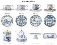 Service de table en porcelaine bleu et blanc avec bordure dorée, assiette à dessert et à fruits, ensemble de tasses et soucoupes de luxe pour le thé de l'après-midi et le café, idéal pour les banquets d'hôtel