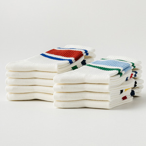 Yoga Socks White Mid-Calf Striped Non-Slip With Adhesive Sole For Yoga And Tennis Cotton Material Seamless Design - Product Image 4