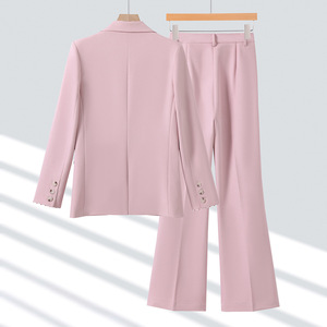 Pink Suit <b>Set</b> Women Professional Work Wear Straight Fit Notched Lapel <b>Blazer</b> Pants Office Commuting Outfit - Product Image 3