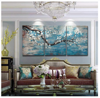 Grande Peinture Murale pour Salon, 100% Peinte à la Main, Encadrée, B&C ART, Ensemble de Peintures Acryliques Paysage, Personnalisée, Bleu Classique, Prête à Poser