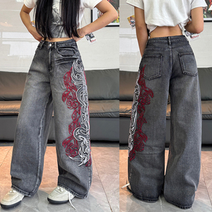 Jeans <span class=keywords><strong>Larghi</strong></span> alla Moda per Ragazze, <span class=keywords><strong>Pantaloni</strong></span> in Denim a Vita Alta, Jeans Ricamati a Gamba Larga per Donne - Product Image 6