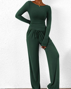 Ensemble de 2 pièces décontracté pour femmes, haut à manches longues et col rond + <span class=keywords><strong>pantalon</strong></span> large à taille haute, vêtements de détente doux et extensibles pour un usage quotidien - Product Image 4