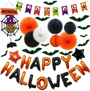 Halloween Fledermaus Kürbis Schädel Aufkleber Folie Luftballons und Banner Waben Fans Girlande für Halloween Mall Bar Club Festival Dekor