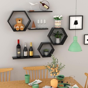 Set Of 6 Hexagon <strong>Floating</strong> <strong>Shelves</strong> Wall Mounted Honeycomb Design For Kitchen Home Decor In Wood Metal Plastic Material - Product Image 5