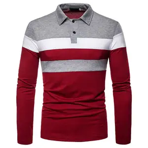도매 사용자 정의 3 색 바느질 폴로 셔츠 100% 코튼 캐주얼 패션 긴 소매 폴로 셔츠