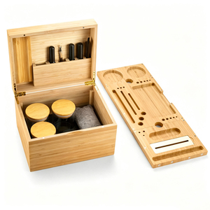 Boîte de rangement en bambou personnalisée en gros avec plateau roulant et broyeur à herbes, rangement anti-odeur pour accessoires de fumeur - Product Image 2