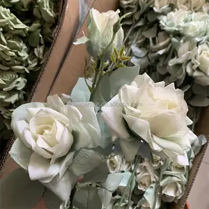 A-194 High Quality Home Decoration Ornaments Silk Flower 3 Head Silk Single Sage Green Dusty Pink Green Rose Bunch