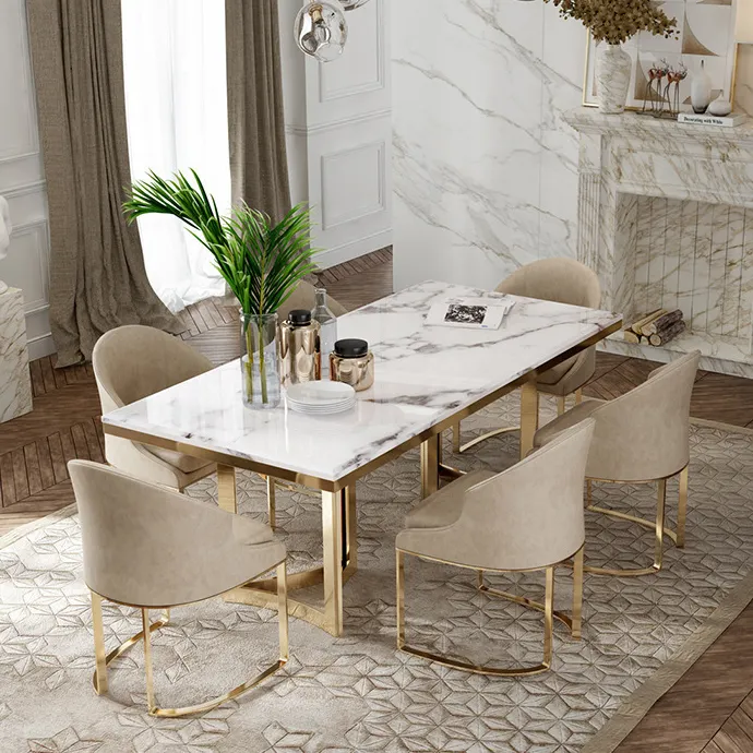 Super september Restaurant furniture metal home dining room with 6 chairs set dining table set marble dining table