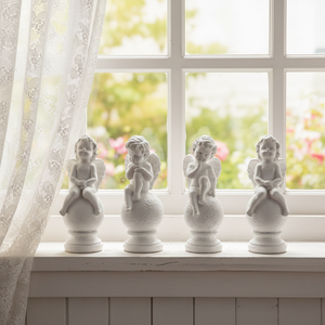 ชุดตุ๊กตานางฟ้าสีขาวสี่ตัว นั่งบนทรงกลมมีพื้นผิว รูปปั้นเคอรูบสำหรับตกแต่งชั้นหนังสือและบ้าน - Product Image 6
