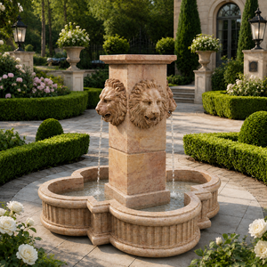 Fuente de Jardín para Exteriores con Esculturas de Figuras Clásicas y Fuente de Agua para Plaza, en Madera Amarilla y Mármol - Product Image 1