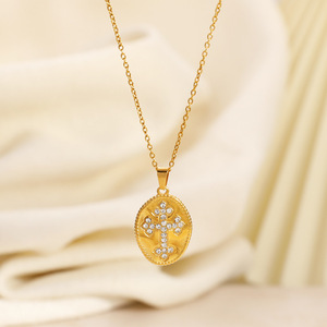 <b>Cross</b> Pendant Necklace 18K Gold Plated Diamond Set Round Geometric Design Retro Style Simple Elegant Layered Clavicle <b>Chain</b> - Product Image 4