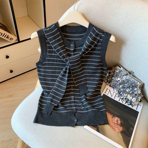 Chaleco sin mangas de punto a rayas azul marino y gris con cuello tipo chal para mujer, ropa de otoño - Product Image 3