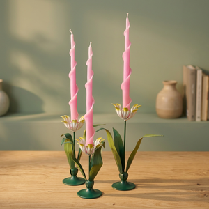 Floral Candlestick Holder Set with <b>Pink</b> Taper <b>Candles</b> Green Base Home Decoration Brass Material Durable Design - Product Image 6