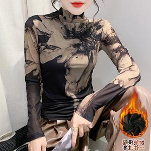 T-Shirt con stampa a maniche lunghe a collo alto nuovo in pile e foderato di pile alla moda camicia a fondo sottile alla moda - Product Image 1