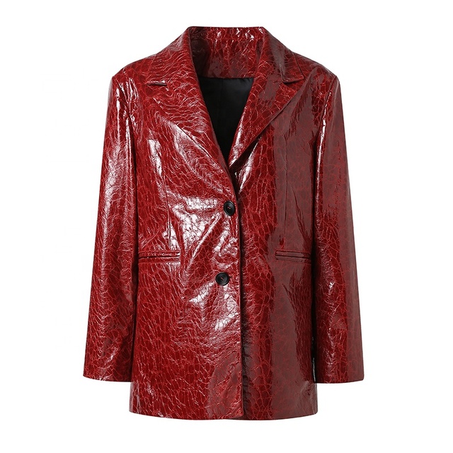 New Coming Dark Red Patent Leather Coat Women Loose Suit Leather Jacket