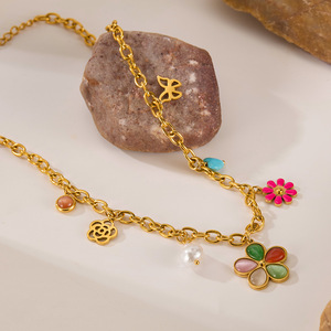 Cadena de eslabones de acero inoxidable multicolor de estilo euroamericano para mujer, patrón de número de aceite de goteo, regalo de clavícula de moda - Product Image 4