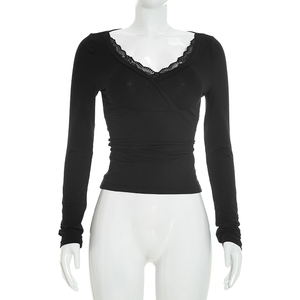 Viviblook J26TP282 Camiseta de Otoño para Mujer, Nueva con Encaje y Parches, Cuello en V, Corte Ajustado, Manga Larga, Estilo Casual, Top Corto para Damas - Product Image 2