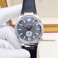 Montre-bracelet mécanique pour homme, boîtier en acier brossé, cadran à texture radiale grise, bracelet en cuir noir Tsuyosat