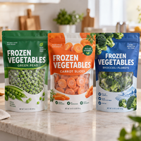 Sachet Doypack Personnalisé pour Légumes Surgelés, Qualité Alimentaire, Résistant au Congélateur, Refermable avec Fermeture Ziplock, pour Mélange de Pois, Maïs et Carottes