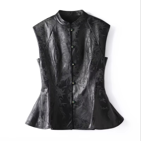 4115 Chinese Style Vest Knot Button Ruffled Printing Sleeveless Sheepskin Leather Vest for Women