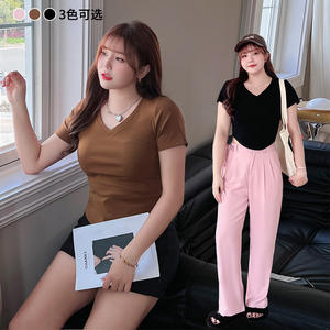 เสื้อยืดคอกว้างแขนสั้นสำหรับผู้หญิง รุ่น Runqi N8719 สีพื้น ผ้าคอตตอนเจอร์ซีย์ ระบายอากาศได้ดี ทรงเข้ารูป มีไซส์พลัส เหมาะสำหรับฤดูร้อน - Product Image 1