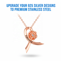 Colliers de mode personnalisés en acier inoxydable argenté plaqué or rose avec pendentif en zircon en forme de rose et de ruban pour les survivantes du cancer du sein